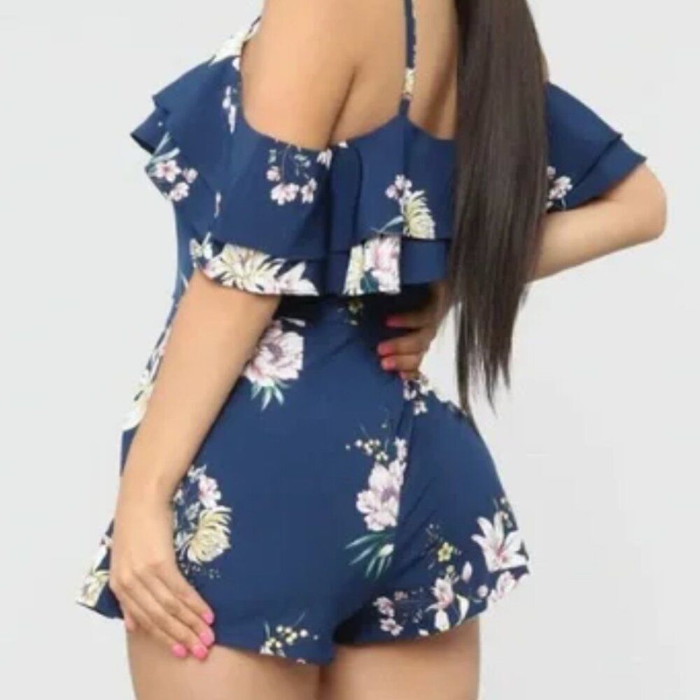 Iris Floral Romper Womens Small Navy Romantic Coquette Flirty Soft Girl Festival - Picture 2 of 3
